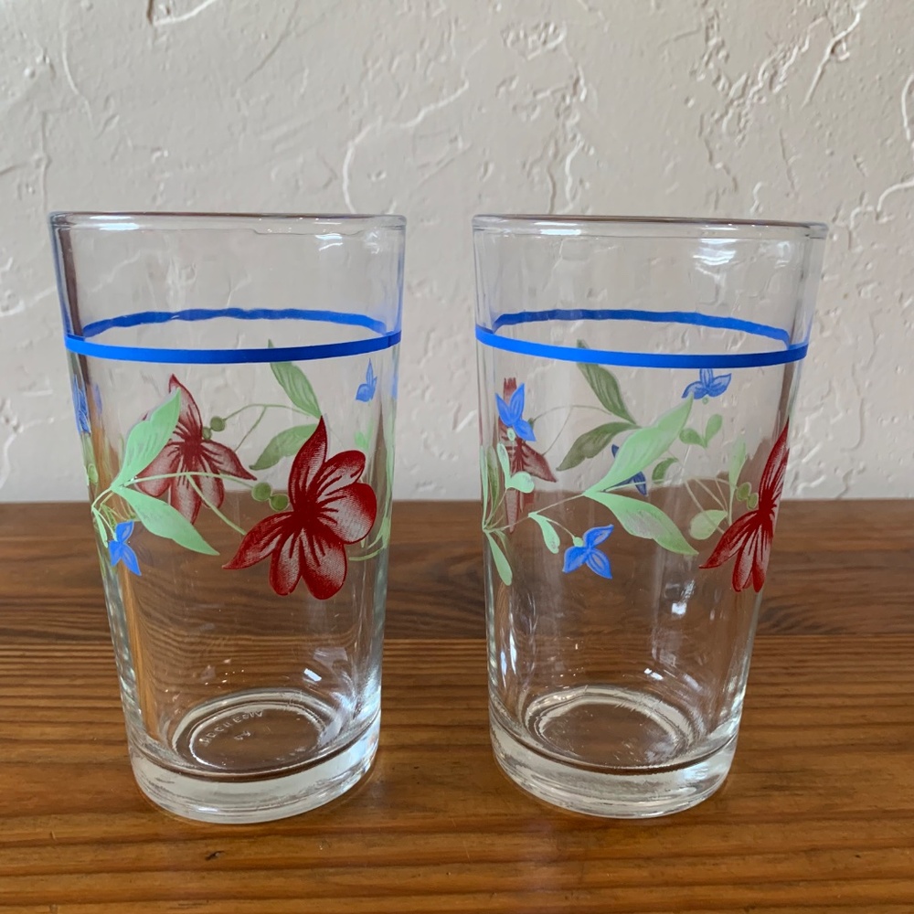 Set of 2 - Vintage KIG Indonesia Floral Highball Glasses – Blue Rim - Picture 12 of 12